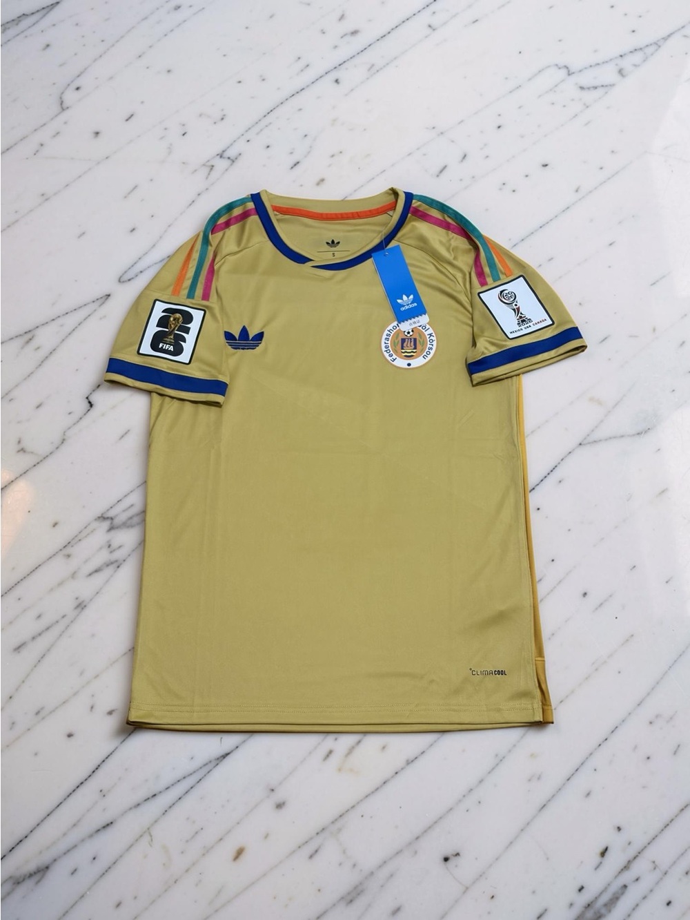 adidas Yellow Retro Soccer Jersey with Multicolor Shoulder Stripes